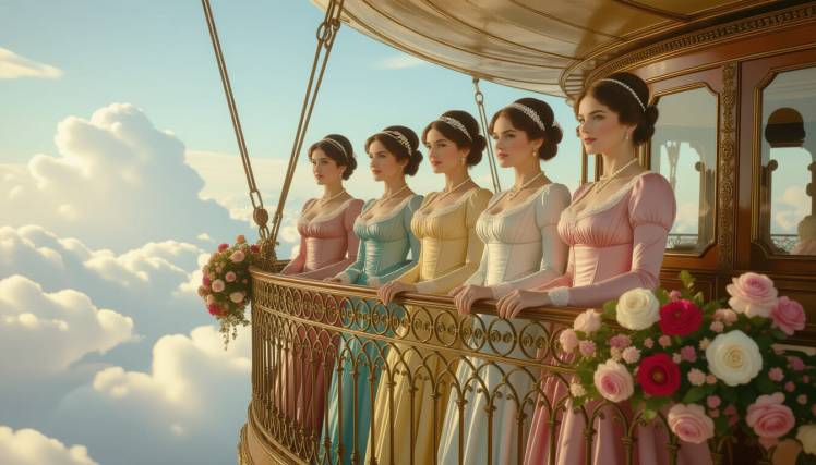 5 girls on the balcony of a Dirigible by Teagan via Night Cafe