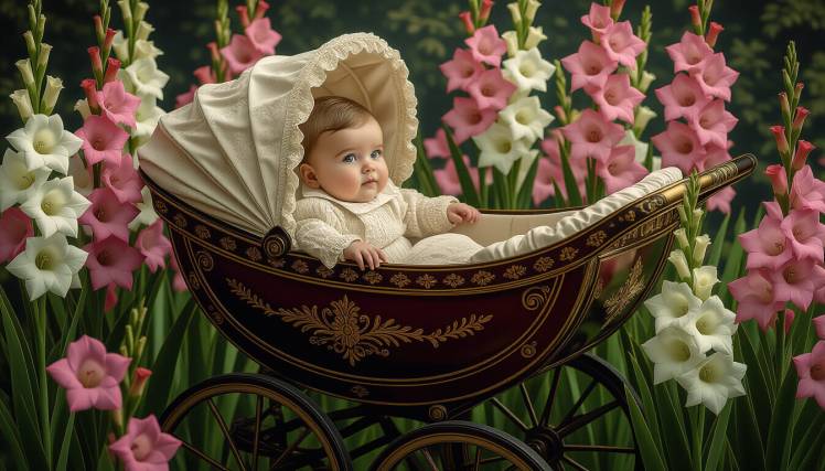 Baby in Victorian pram with gladiolus flowers by Teagan via Night Cafe