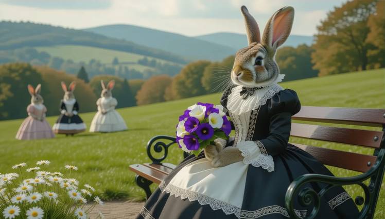 Bunny Victorian with morning glory bouquet by Teagan via Night Cafe