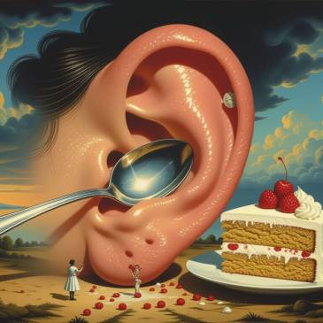 Giant ear cake tiny woman by Teagan via Night Cafe