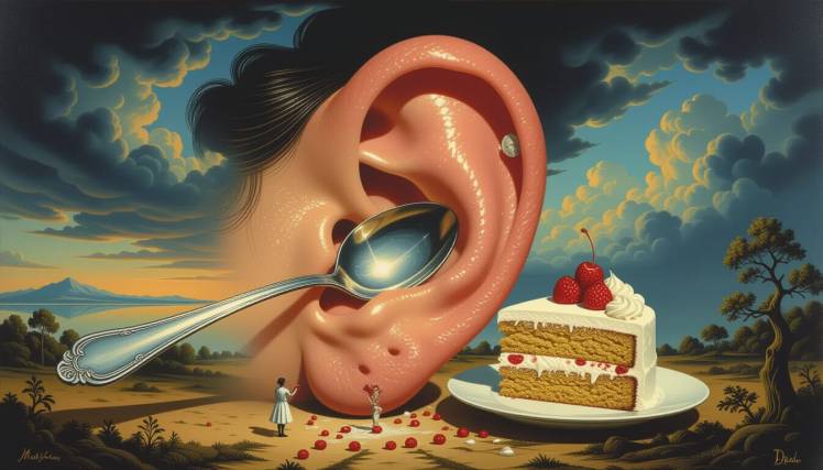 Giant ear cake tiny woman by Teagan via Night Cafe