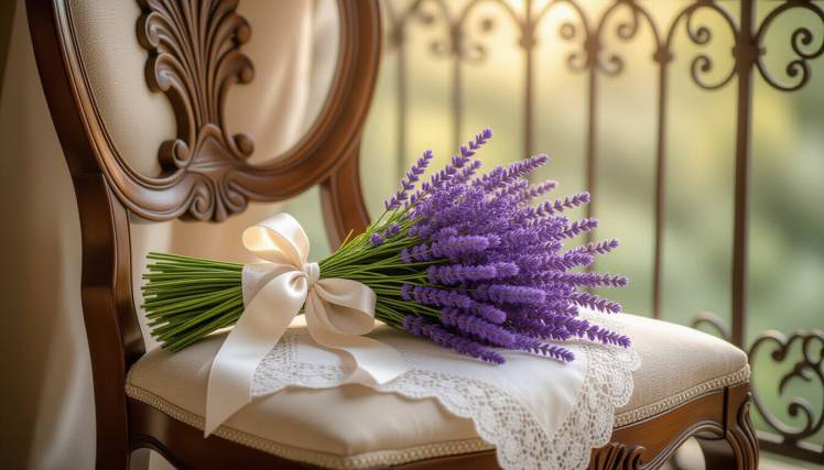 lavender bouquet on chair balcony by Teagan via Night Cafe