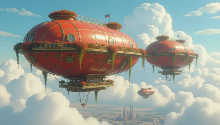 red dirigibles with hanging flowers in clouds by Teagan via Night Cafe