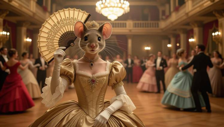 Victorian mouse holding fan behind right ear