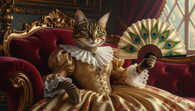 Victorian tabby Cat holding fan by Teagan via Night Cafe