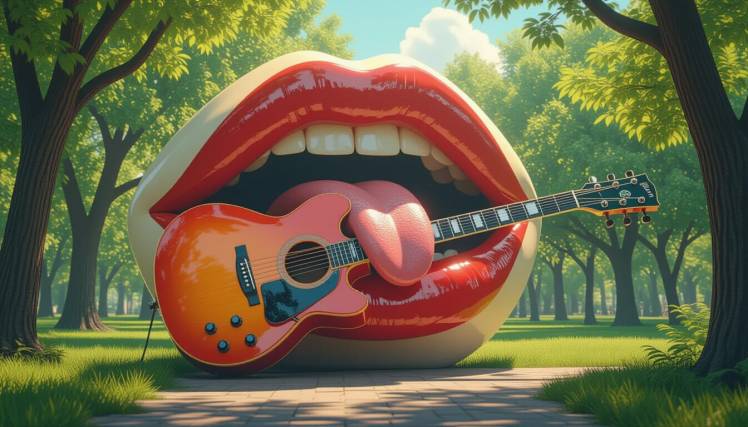 Giant mouth with electric guitar by Teagan via Night Cafe