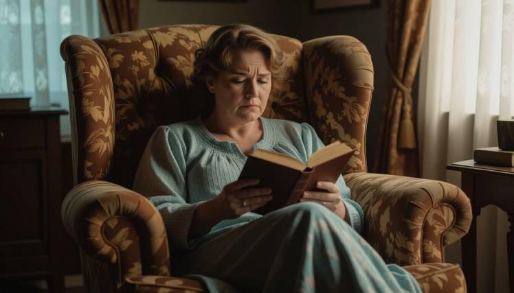 Middle aged woman with book in old chair