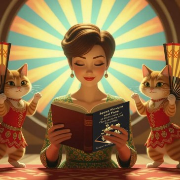 Olga cartoon reading Speak Flowers with 2 cats, image by Teagan