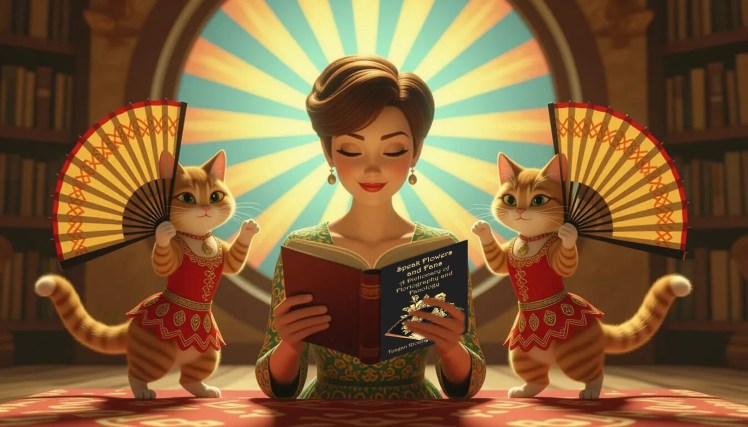 Olga cartoon reading Speak Flowers with 2 cats, image by Teagan