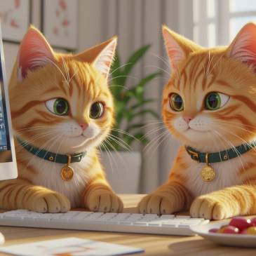 2 ginger cats ordering food at computer by Teagan via Night Cafe