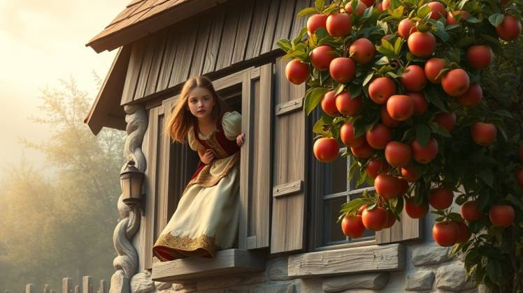 Girl climbs out window of house apples by Teagan via Night Cafe
