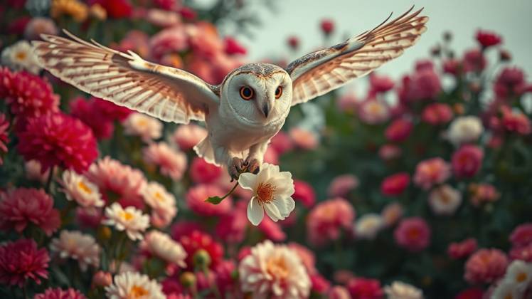 Barn owl above Chrysanthemums by Teagan via Night Cafe