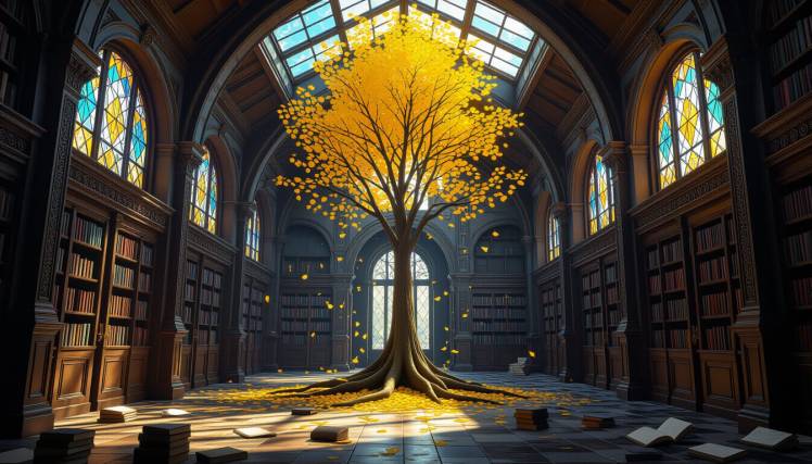 Gold leaves tree inside old library by Teagan via Night Cafe