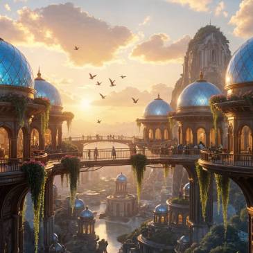 Utopia Sci-Fi city blue domes sunrise by Teagan via Night Cafe