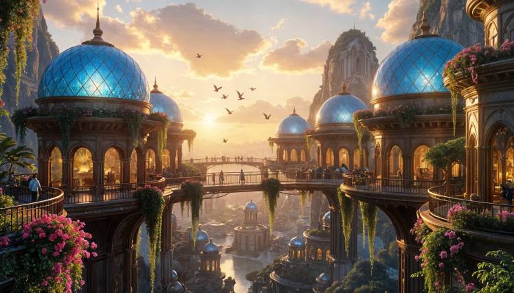 Utopia Sci-Fi city blue domes sunrise by Teagan via Night Cafe