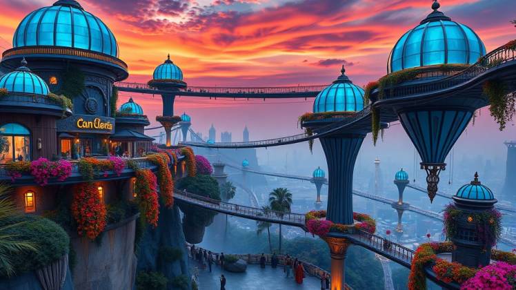 Utopian sci-fi city blue domes at Sunset by Teagan via Night cafe 11-2025