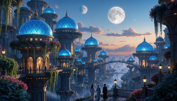 Beautiful Utopian sci-fi city blue tomes moons by Teagan via Night cafe 11-2025