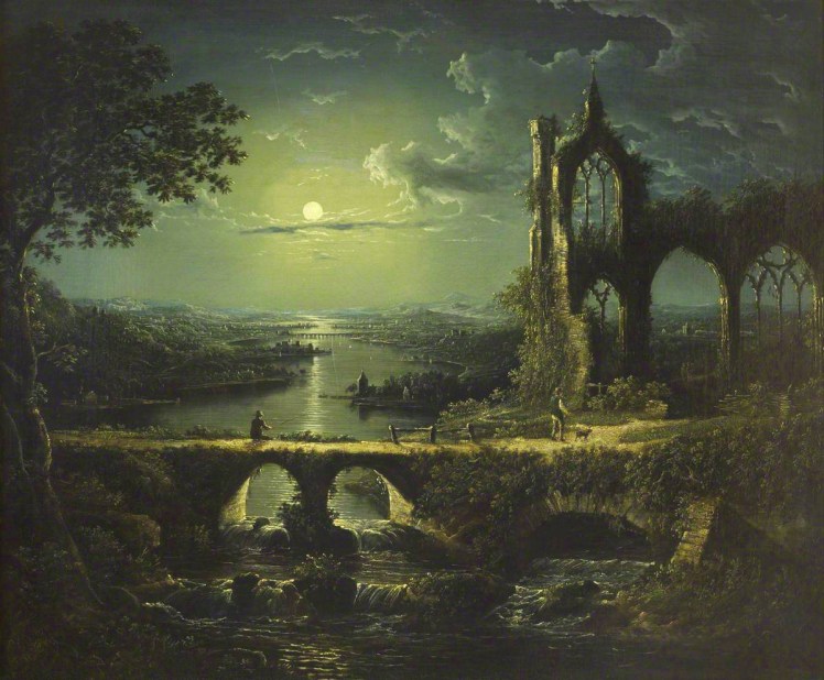 Pether, William, 1731-1819; Moonlit River Scene with a Ruined Gothic Church, and a Stone Bridge with an Angler. Wikipedia. Brightened image
