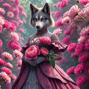 Wolf lady holding peonies in pink Chrysanthemum garden by Teagan via Night Cafe