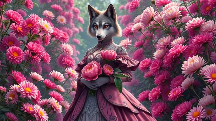 Wolf lady holding peonies in pink Chrysanthemum garden by Teagan via Night Cafe