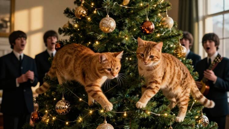 2 ginger cats climb Christmas tree Beatles singing in background by Teagan via Night Cafe