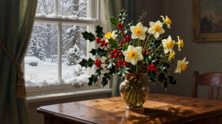Holly and Narcissus in vase by window December flowers of month