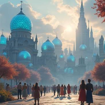 A Utopia blue dome city people in street by Teagan via Night Cafe