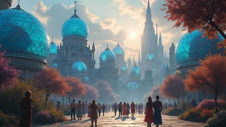 A Utopia blue dome city people in street by Teagan via Night Cafe