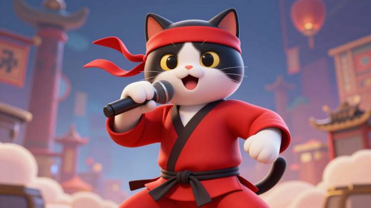 Black-white anime cat sings Kung Fu Fighting