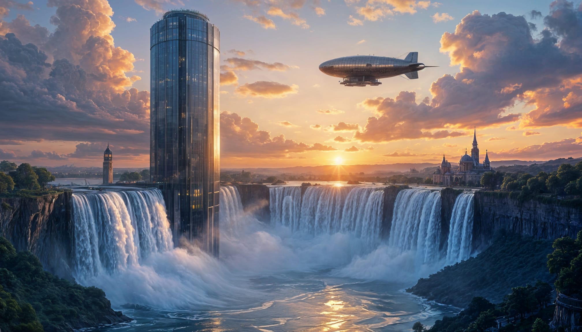 Glass Tower waterfall airship in Light by Teagan via Night Cafe