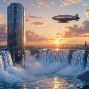 Glass Tower waterfall airship in Light by Teagan via Night Cafe