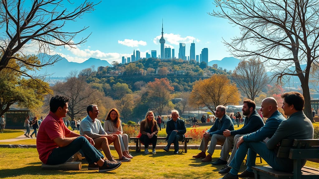 Mix of people sitting in park w city beyond by Teagan Via Night Cafe