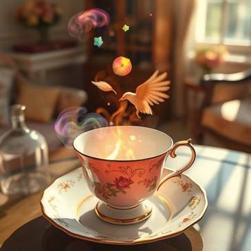 Teacup with dreams hummingbird floating up by Teagan via Night Cafe