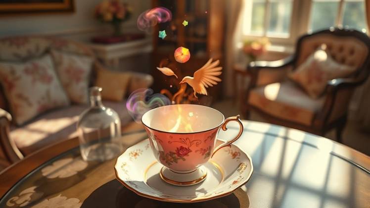 Teacup with dreams hummingbird floating up by Teagan via Night Cafe