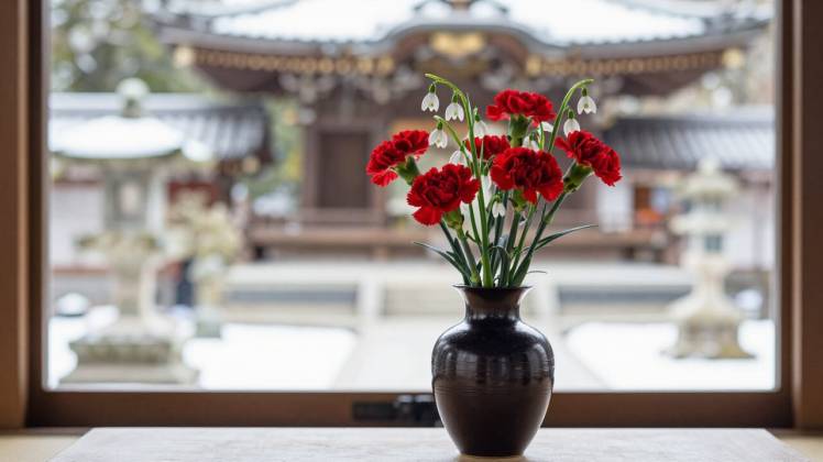 Vase Carnations Snow-drops view of Japanese shrine by Teagan via Night Cafe
