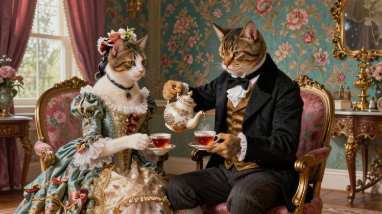 Victorian Cat gent serving lady cat tea by Teagan via Night Cafe
