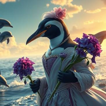 Victorian Penguin with Violets Dolphins sea by Teagan via Night Cafe