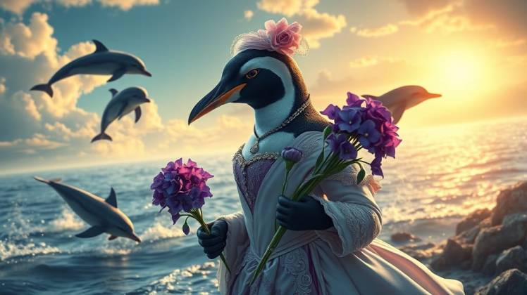 Victorian Penguin with Violets Dolphins sea by Teagan via Night Cafe