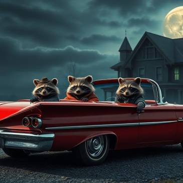 3 Raccoons 1958 car by haunted house by Teagan via Night Cafe