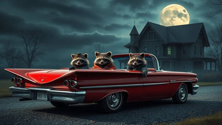 3 Raccoons 1958 car by haunted house by Teagan via Night Cafe