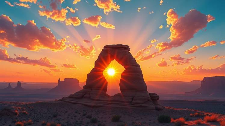 Desert rocks bracket rising sun by Teagan via Night Cafe