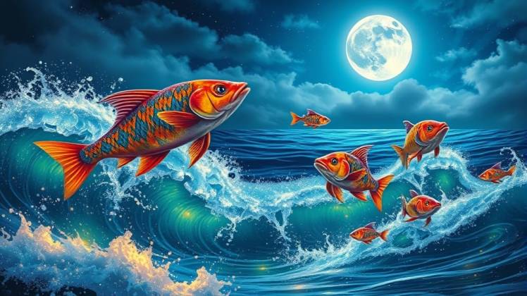 fish jumping in ocean full moon by Teagan via Night Cafe
