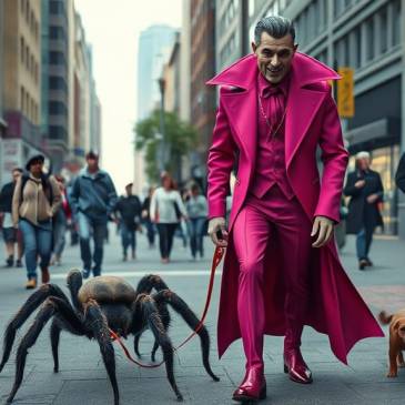 Dracula vampire in pink walking pet spider amid dog walkers by Teagan via Night Cafe