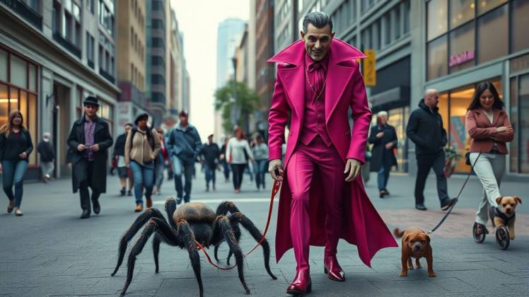 Dracula vampire in pink walking pet spider amid dog walkers by Teagan via Night Cafe
