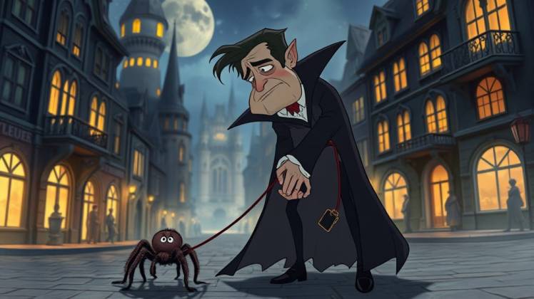 Funny sad Dracula vampire with pet spider by Teagan via Night Cafe