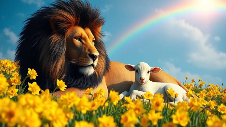 Lion and lamb with daffodils Teagan night cafe