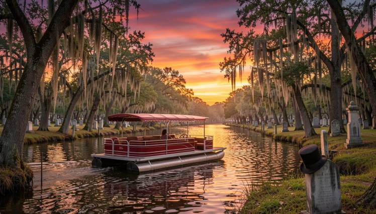 Pontoon boat on Bayou gravestone hat by Teagan via Night Cafe