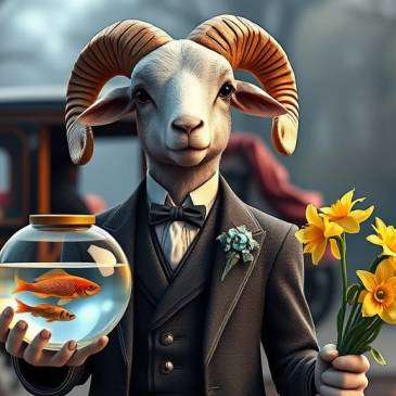 Ram holding fish and daffidols by Teagan via Night Cafe