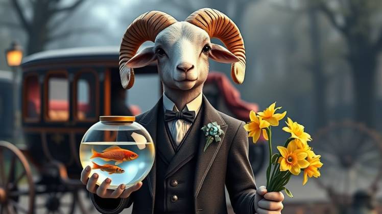 Ram holding fish and daffidols by Teagan via Night Cafe