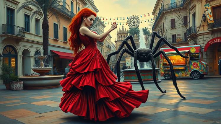 Woman Tango dance spider tarantula town square by Teagan via Night Cafe